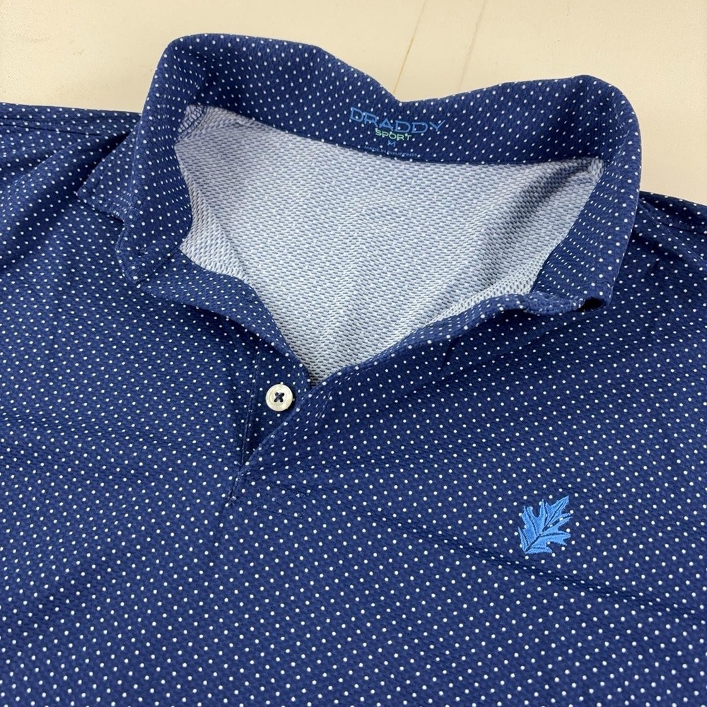Draddy Sport Polo Shirt Mens M Blue Polka Dot Golf Long Sleeve Stretch Jersey